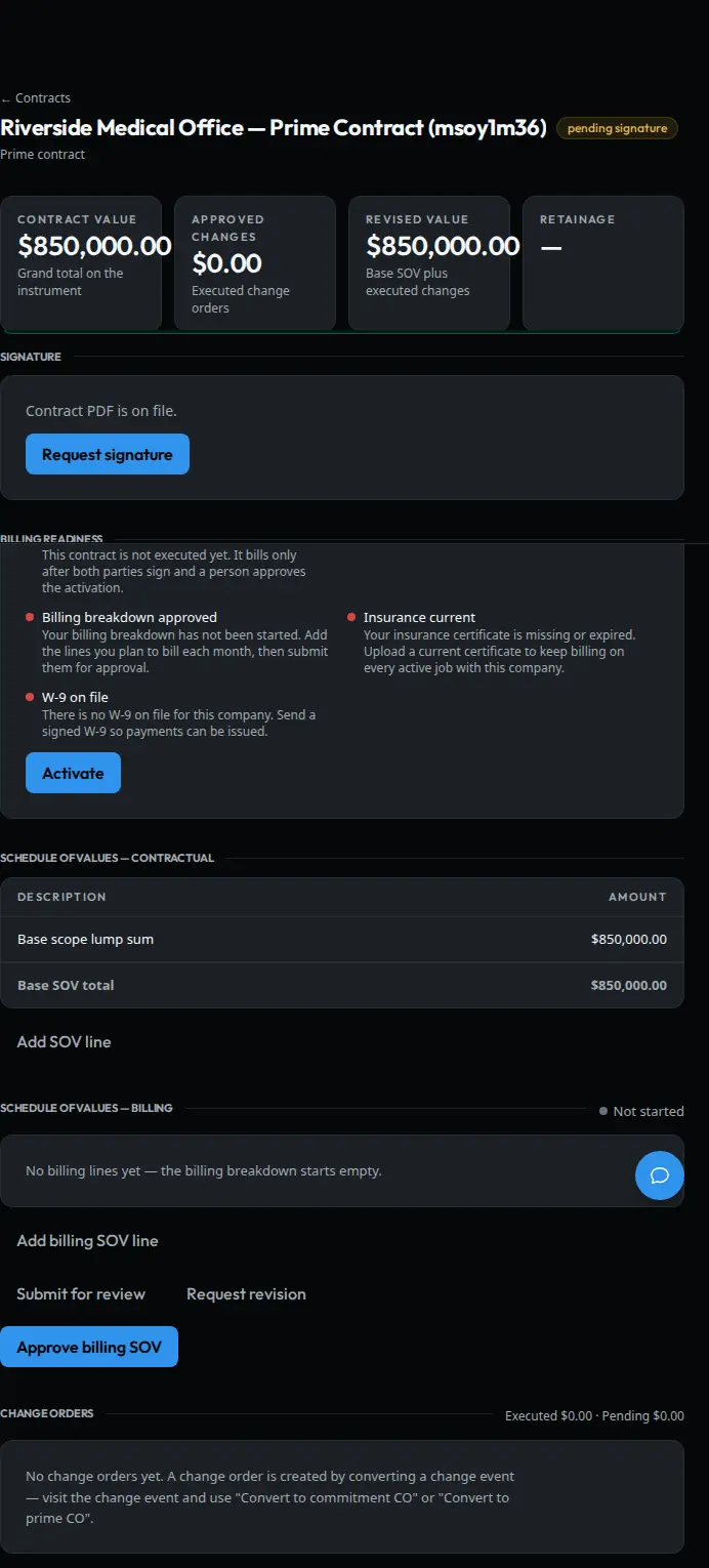 Contract detail with contract value cards, a billing-readiness checklist covering the billing breakdown, insurance and W-9, and a schedule of values table